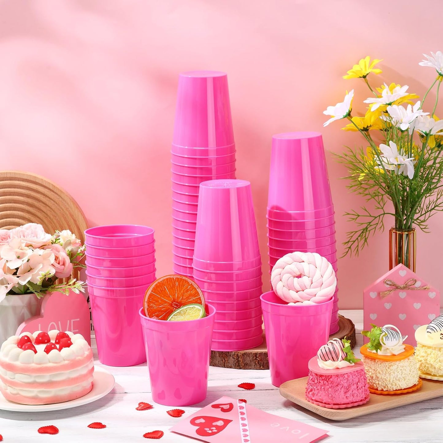 Yungyan 50 Pack 16oz Stadium Cups Reusable Plastic Cups Blank Drink Tumblers for Parties, Events, DIY Projects, 4.5 x 3.54 x 2.72 Inch (Rose Red)