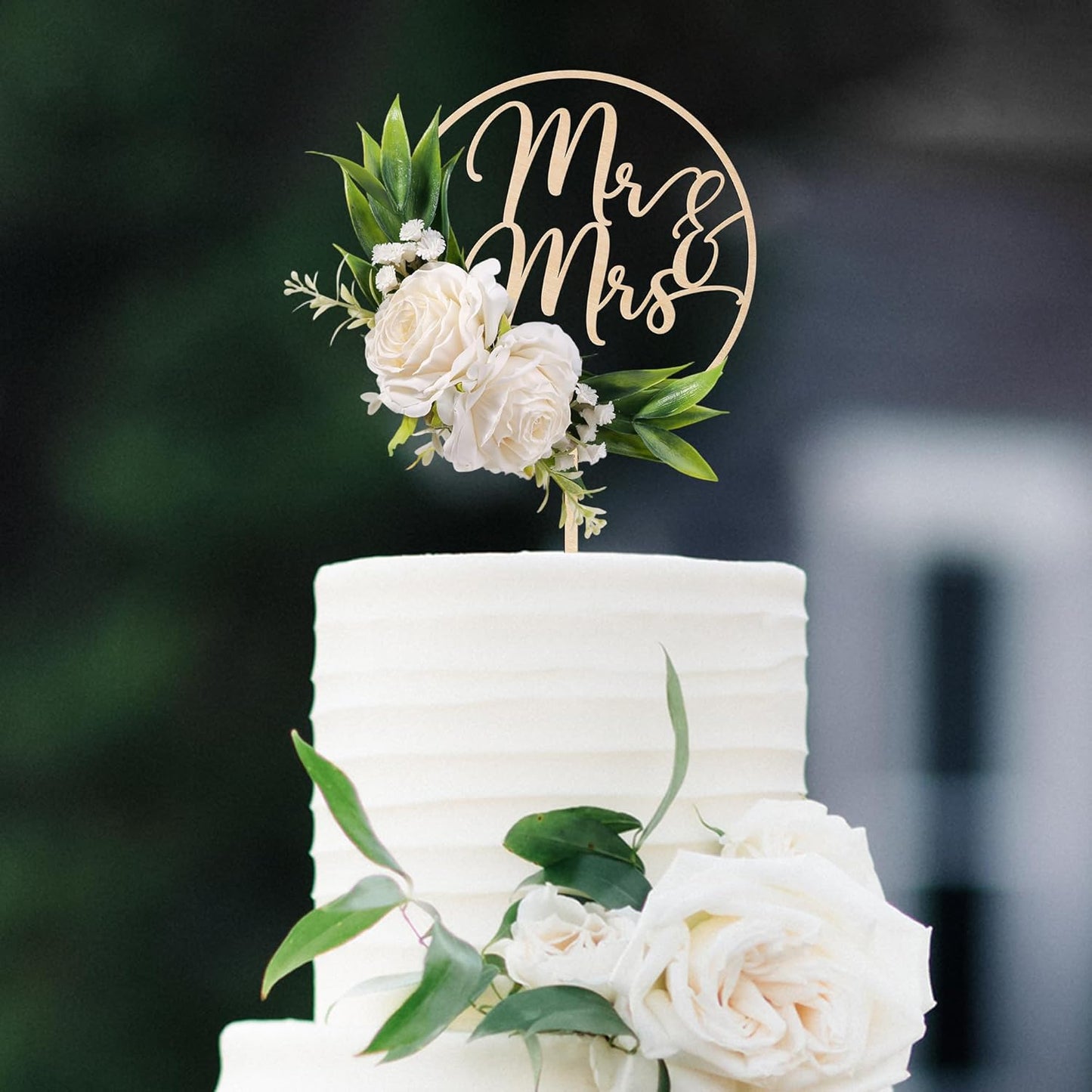 Mr & Mrs Wedding Cake Topper with 3D Artificial White Flowers and Green Leaves Wooden Cake Decoration for Wedding 3D White Roses