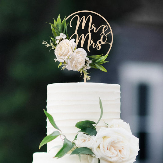 Mr & Mrs Wedding Cake Topper with 3D Artificial White Flowers and Green Leaves Wooden Cake Decoration for Wedding 3D White Roses