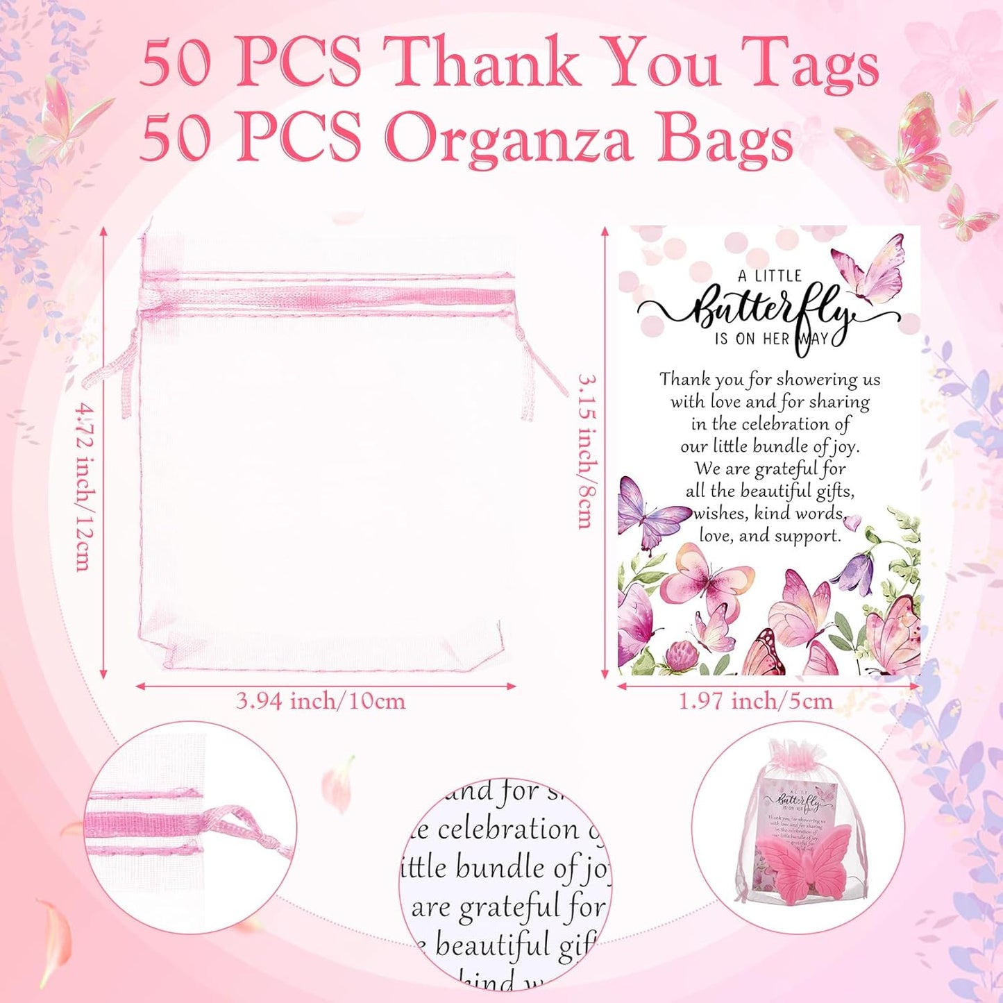 50 Sets Butterfly Themed Baby Shower Favors Butterfly Soap with Thank You Cards Gift Bag for Guest Gender Reveal Party Decorations Baby Shower Game Prizes Wedding Favor(Pink)