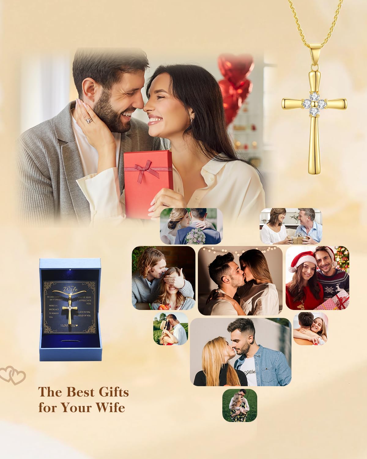 Gold Moissanite Cross Necklace for Women Wife in Light-Up Gift Box,Love Card - Women Anniversary Birthday Gifts Ideas for Wife Her Girlfriend, Christian Cross Chain Jewelry 1CT (18K Real Gold Filled)