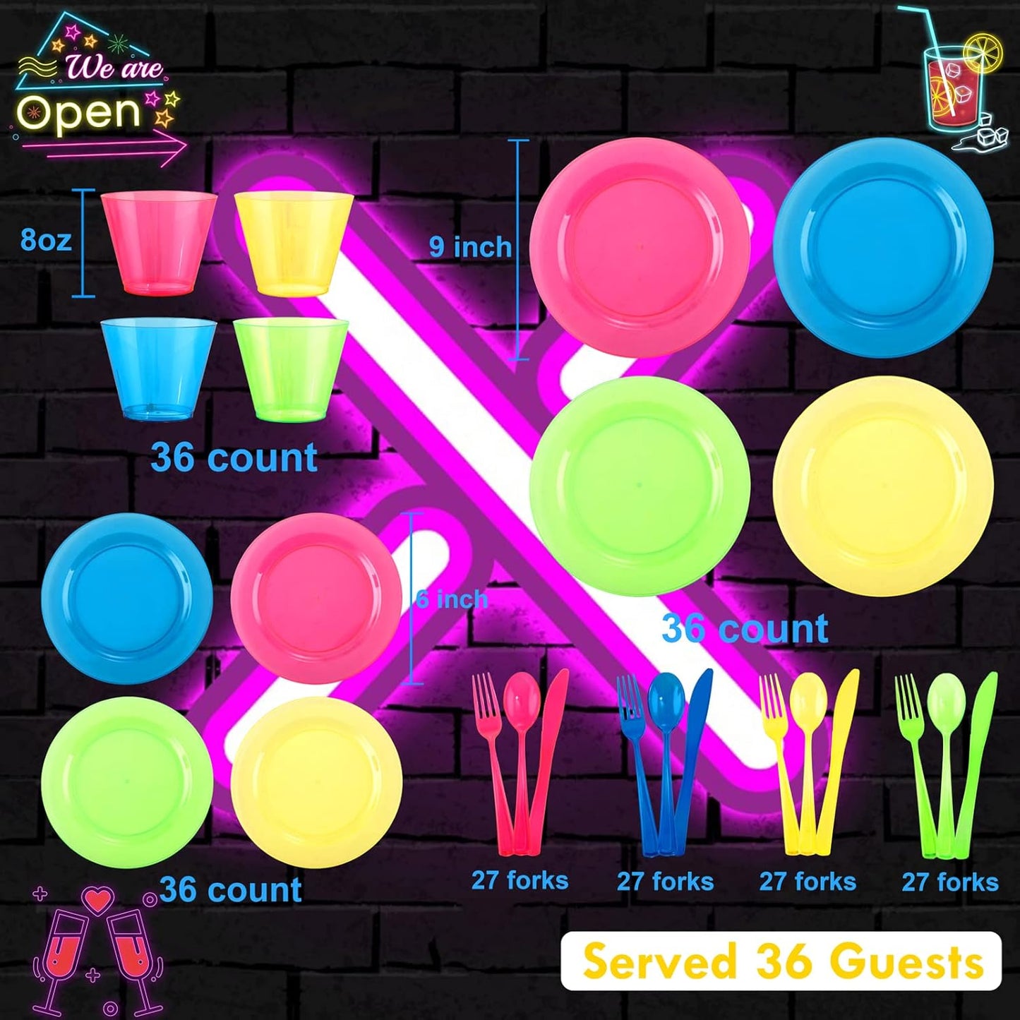 Supernal 216pcs Rainbow Plastic Plates for Party Supplies-Hard Disposable Plates Heavy Duty,Colorful Cups,Plastic Silveware in Neon Pink,Blue,Green,Yellow, Pefect for Birthdays,Party