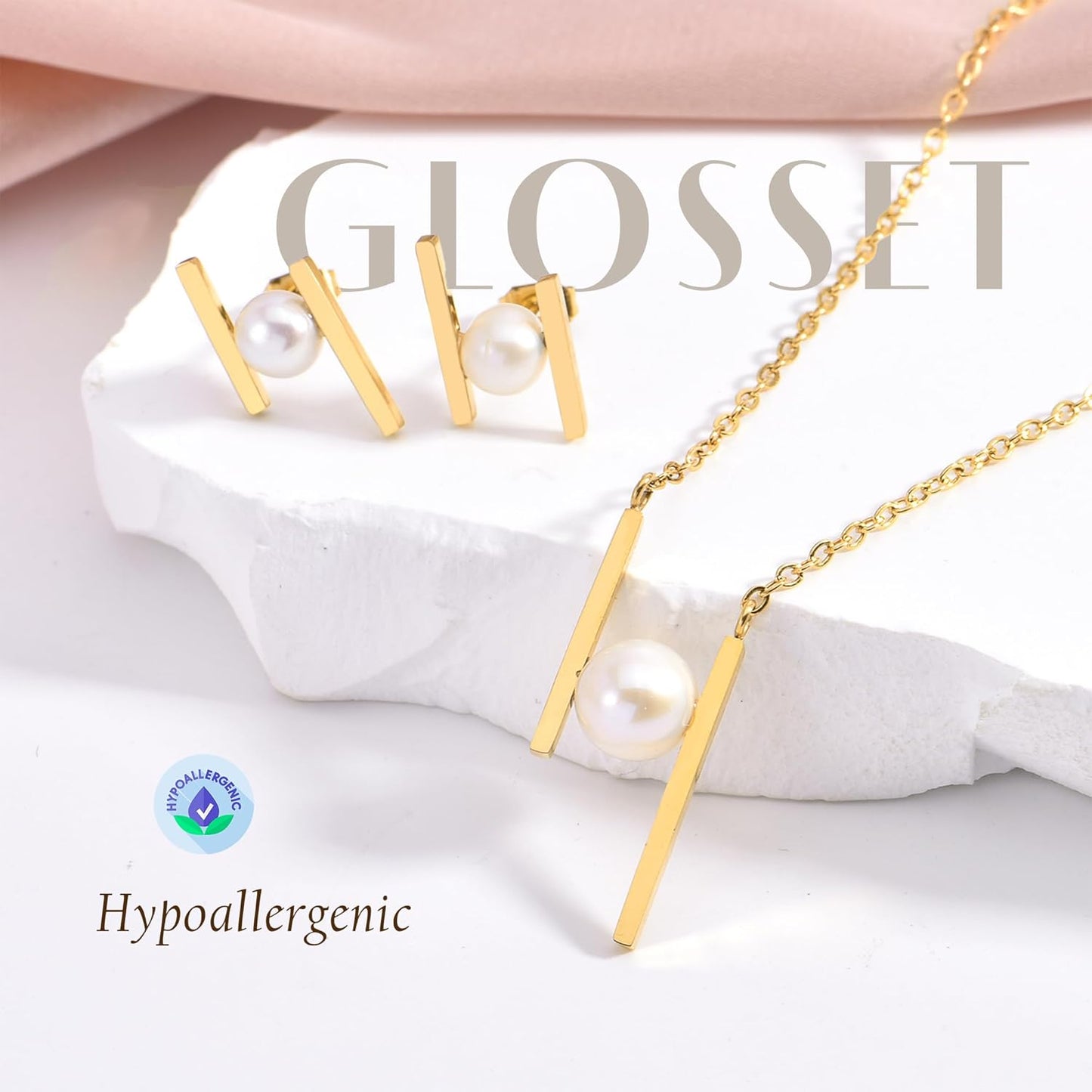 Pearl Necklace and Earring Set, 18K Gold Plated Earrings and Necklace Set for Women, Dainty Freshwater Pearl Jewelry Set for Women Gift