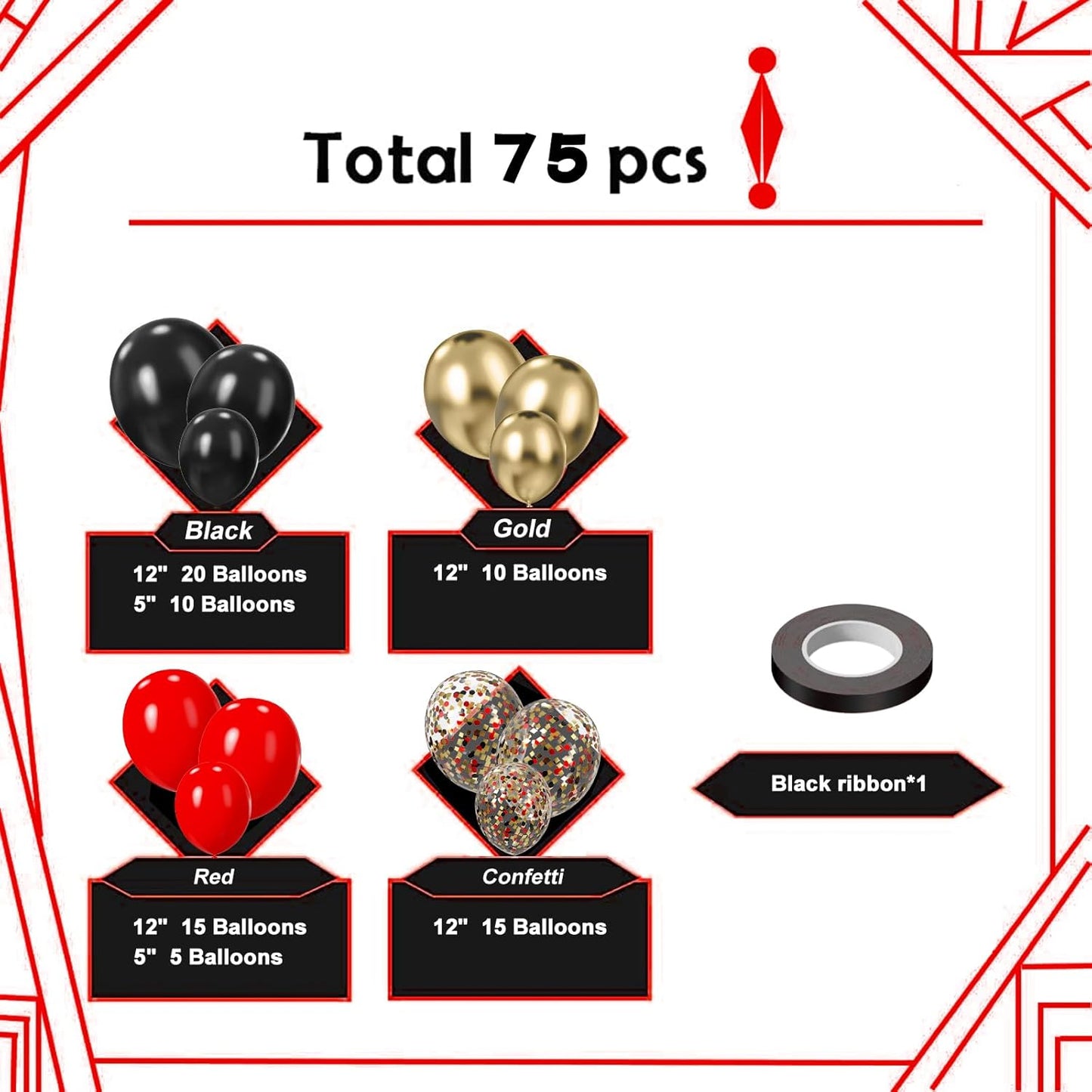 75PCS Balloon, Black, Red, and Gold (12in and 5in), Casino Theme Party Decorations, New Year, Graduation, Wedding, Birthday