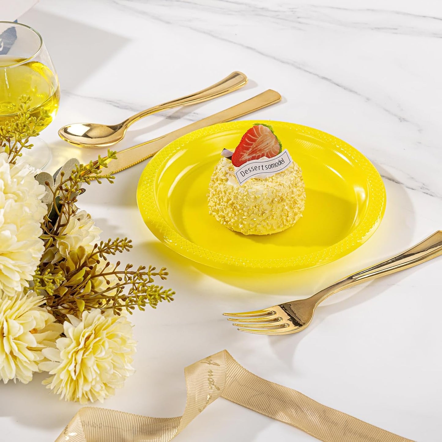 WELLIFE 7 Inch Plastic Plates Yellow 50 Count Disposable Plate for Party, Dessert Small Plates for Dinner Cake Salad Supplies Birthday