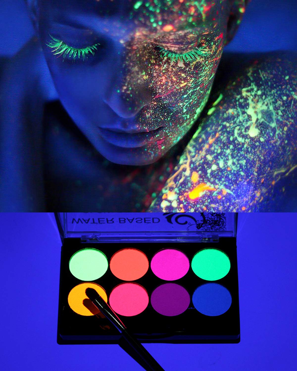 UV Face Paint Kit, Glow In The Dark Paint, Neon Fluorescent Body Painting 8 Colors Professional Brush,Water Based Black Lights Makeup for Kids Adults,Halloween Party Supplies,Projects Costumes Theater