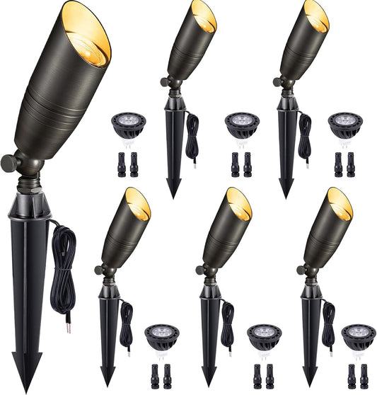 Gardenreet Low Voltage Spot Lights - Solid Brass Landscape Spotlight Wired, 12V Outdoor LED Bullet Uplights, Waterproof Electric Bronze for Patio Wall with 5000K Daylight MR16 Bulb (6 Pack)