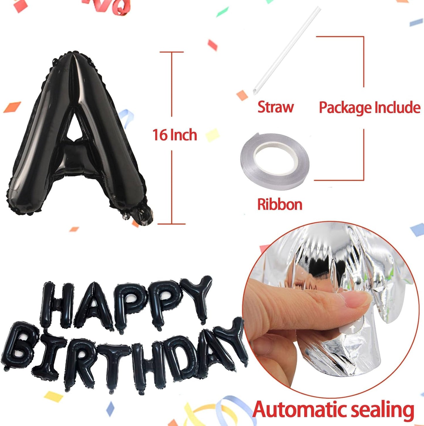 KALOR Black Happy Birthday Balloons Banner, 16 Inch Mylar Foil Letters Balloon Sign for Women, Men, Boys & Girls Kids Birthday Decorations Photo Backdrop