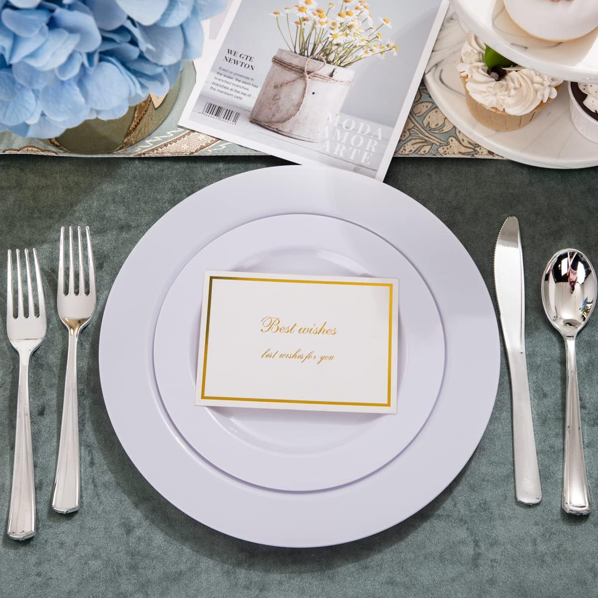 FLOWERCAT 100PCS White Plastic Plates-Heavy Duty White Disposable Plates for Christmas/Easter/Party/Wedding -Serve 50 guests 10.25inch & 7.5inch