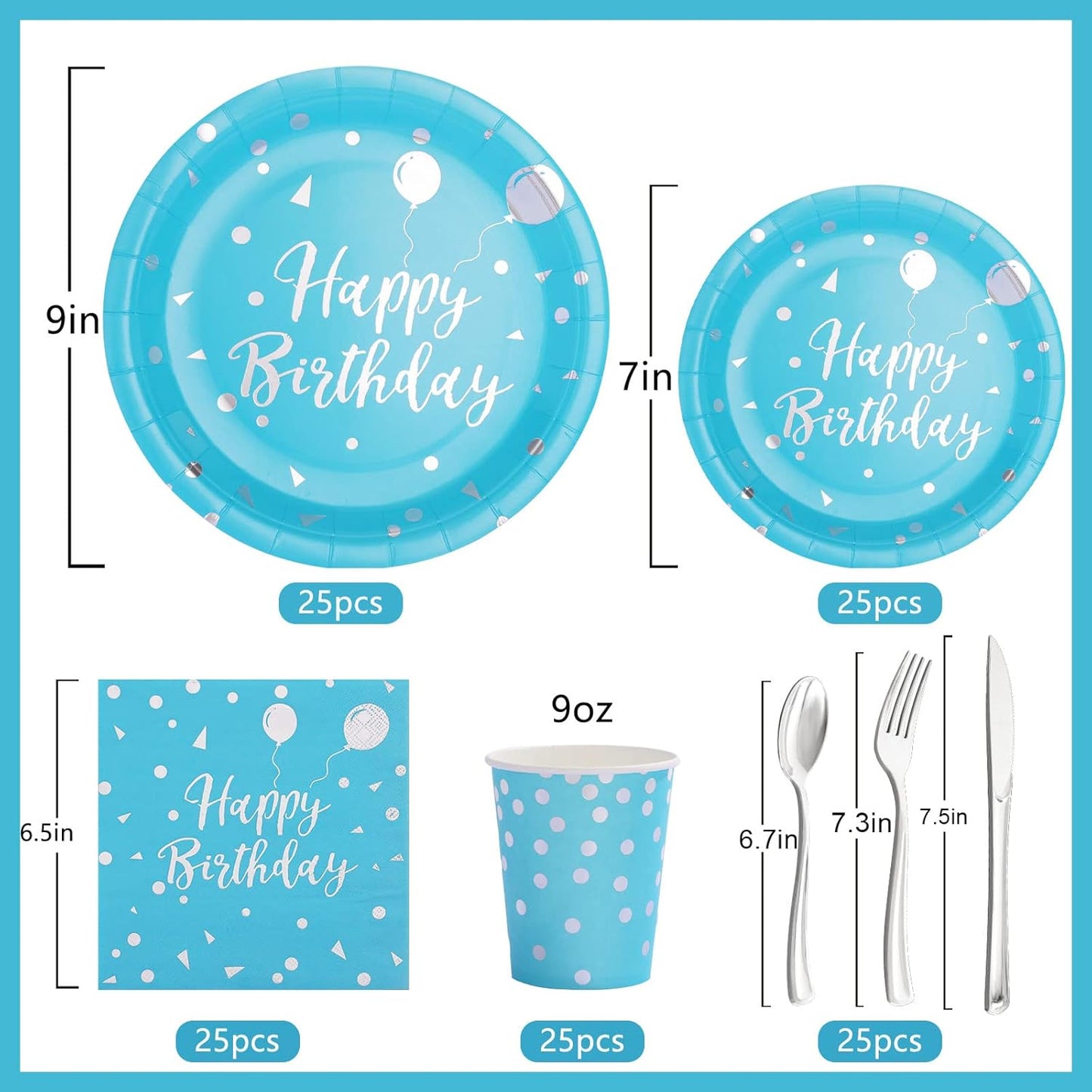 Light Blue Birthday Decorations - Light Blue Birthday Plates and Napkins Party Supplies Sever 25 Guest - Light Blue and Silver Paper Plates for Happy Birthday Party Decorations