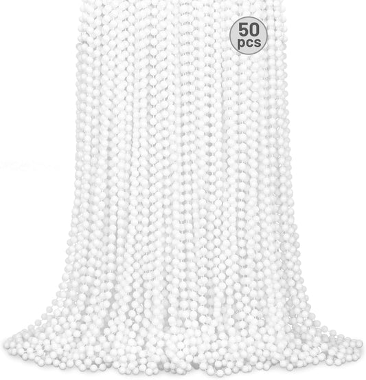SHAOQINLIN 50 PCS White Bead Necklaces, 33" White Mardi Gras Beads, Christmas Necklace, 4th of July Necklace, Parade Throws Accessories for Christmas Independence Day New Year Party Favors