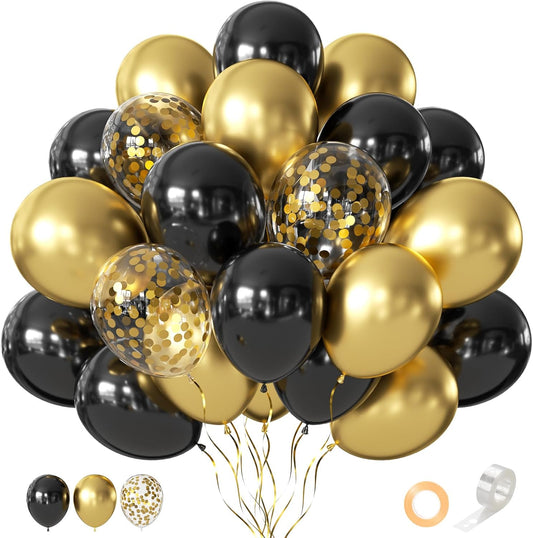 Black and Gold Balloons, 55 Pcs 12 Inch Metallic Gold Balloons Black Balloon Gold Confetti Latex Balloon for Birthday Party Graduation Decoration Baby Shower New Years Wedding Anniversary