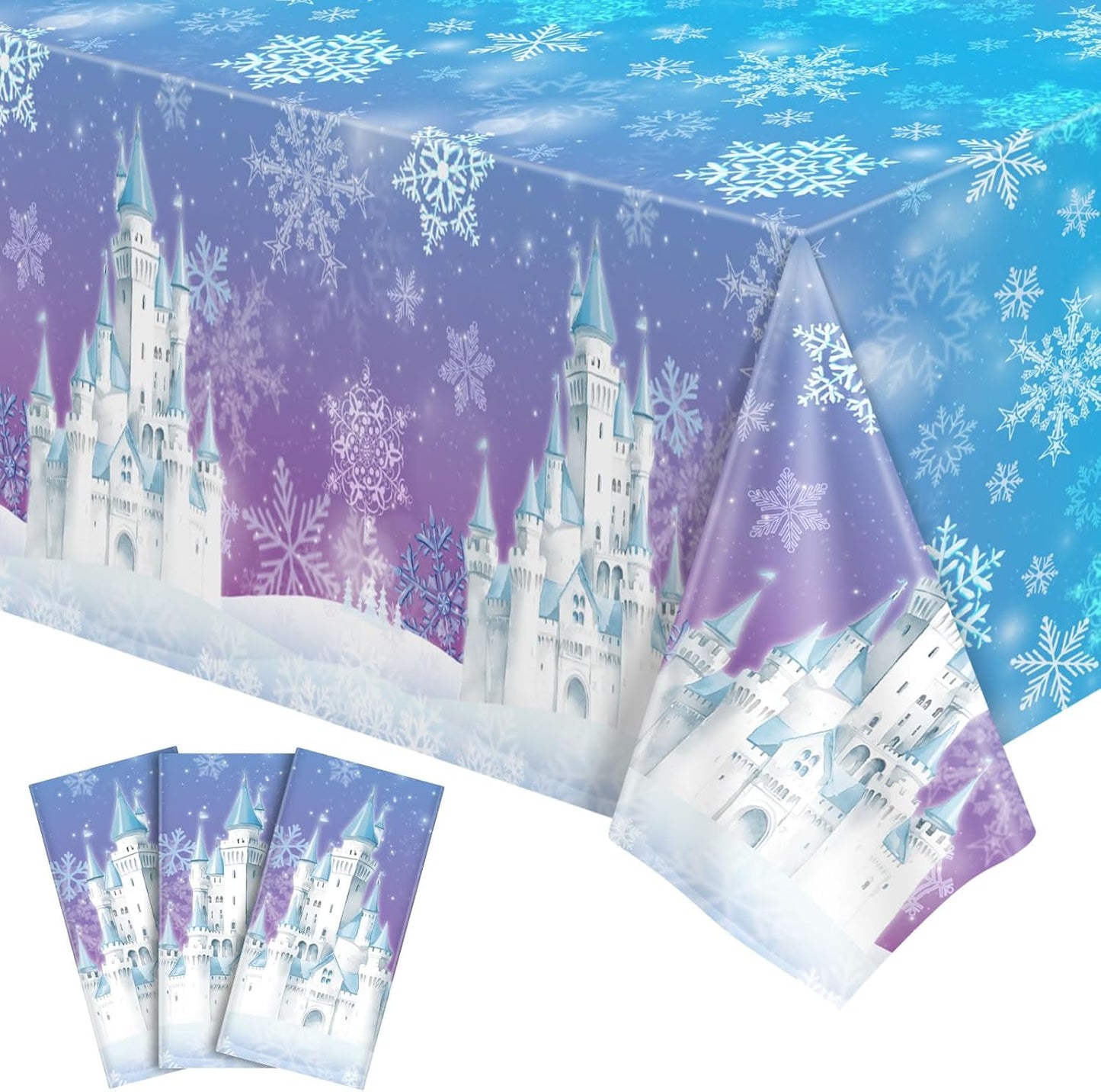 3 Pack Winter Snowflake Plastic Tablecloths, 54 x 108 Inch Frozen Tablecloth Blue and Purple Snowflakes Table Cover, Winter Wonderland Table Cloth for Christmas Holiday New Year Party Supplies Decor