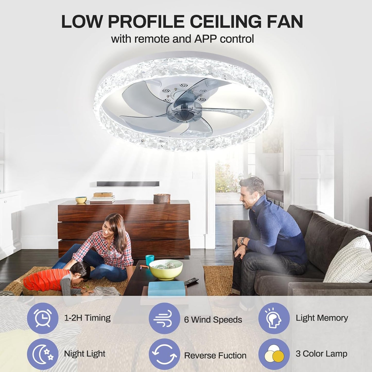 20" Modern Low Profile Ceiling Fan with Light Bedroom LED Ceiling Fan with Remote Control, Bladeless Flush Mount White Fan Lights Ceiling Fixtures for Living Room 3000K-6500K Fan Light