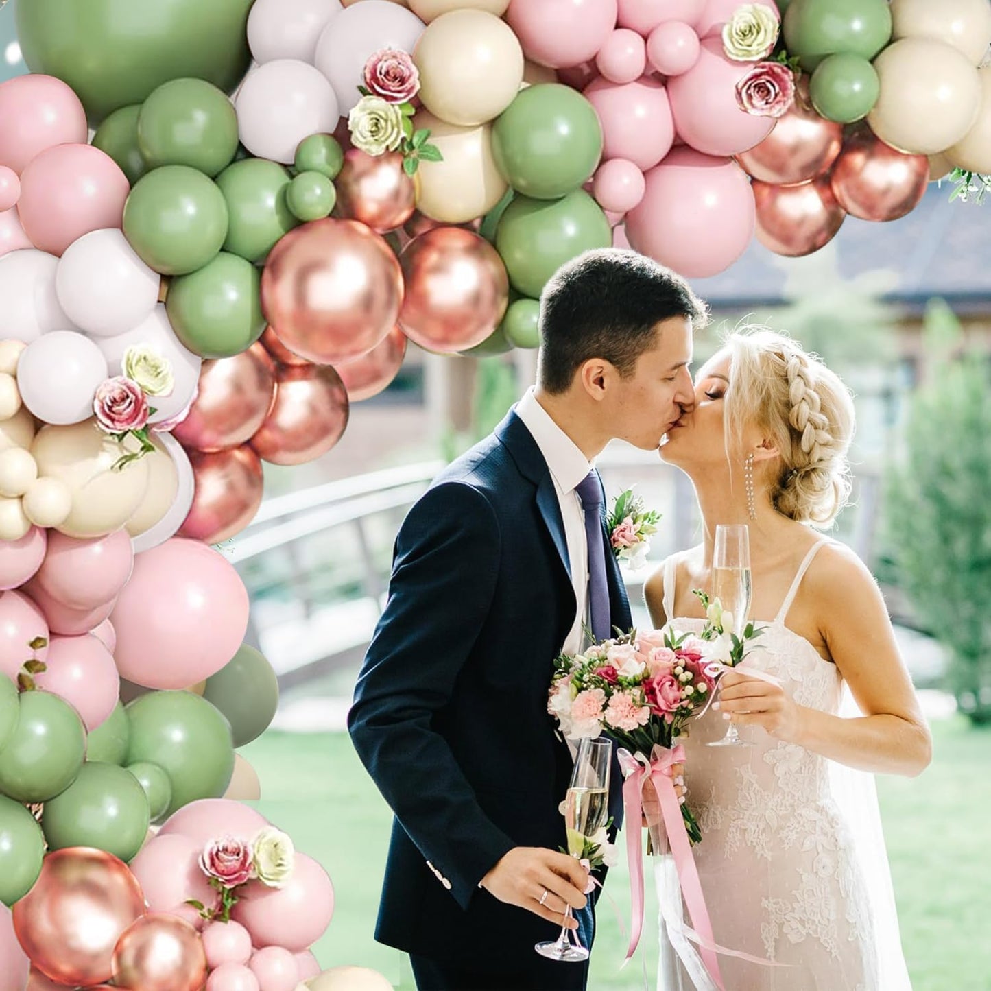Sage Green Pink Balloon Arch Kit, Olive Green Baby Pink Sand White Balloons with Rose Gold Metallic Latex Balloons for Girl Birthday Wedding Bride Shower Party Decorations