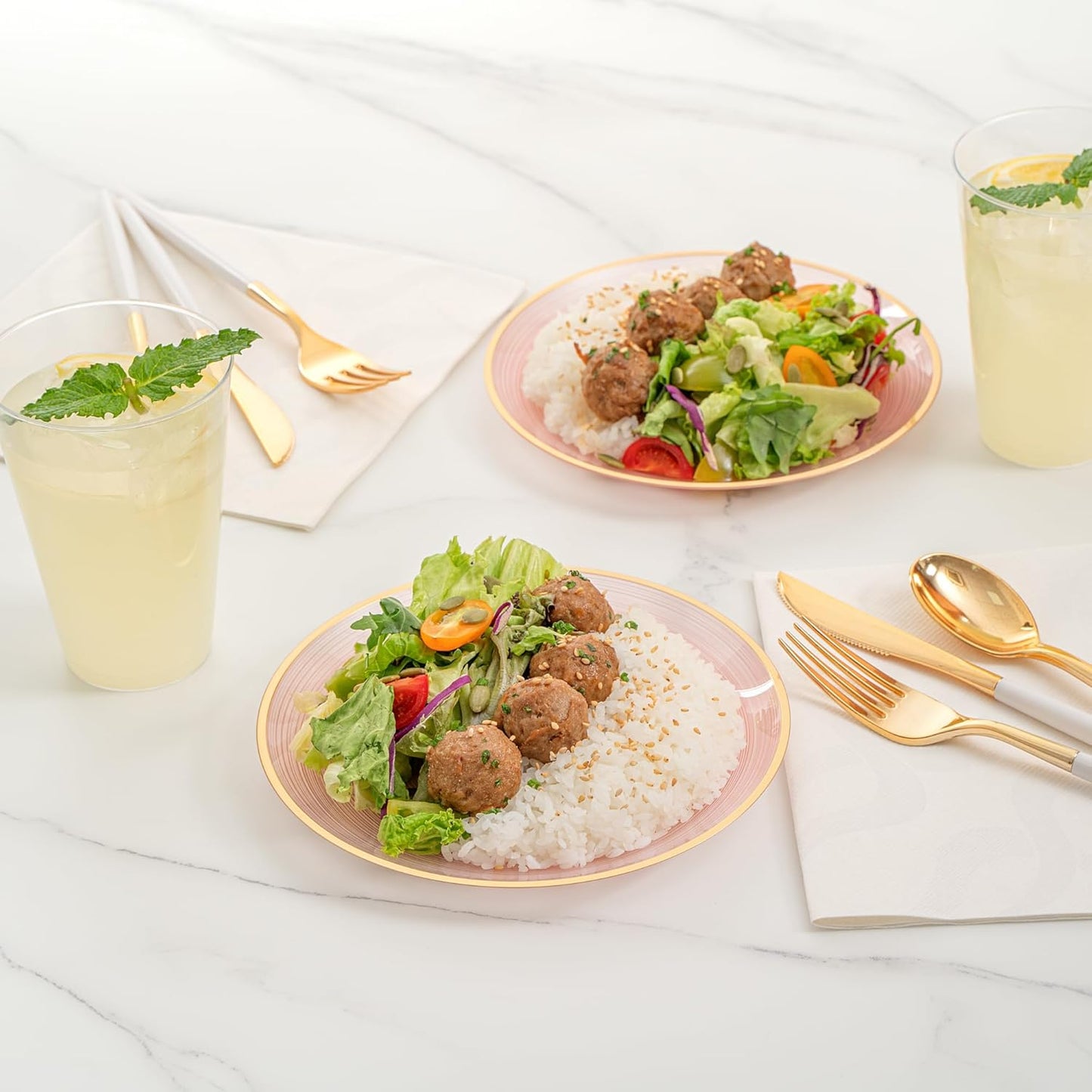 Restaurantware Plastic Plates 100 Pcs 7.25" Gold Rimmed Disposable Plates Heavy-Duty Pink Translucent Rippled Plastic Dinner Servers for Party, Weddings, Salads, Desserts, and Appetizers