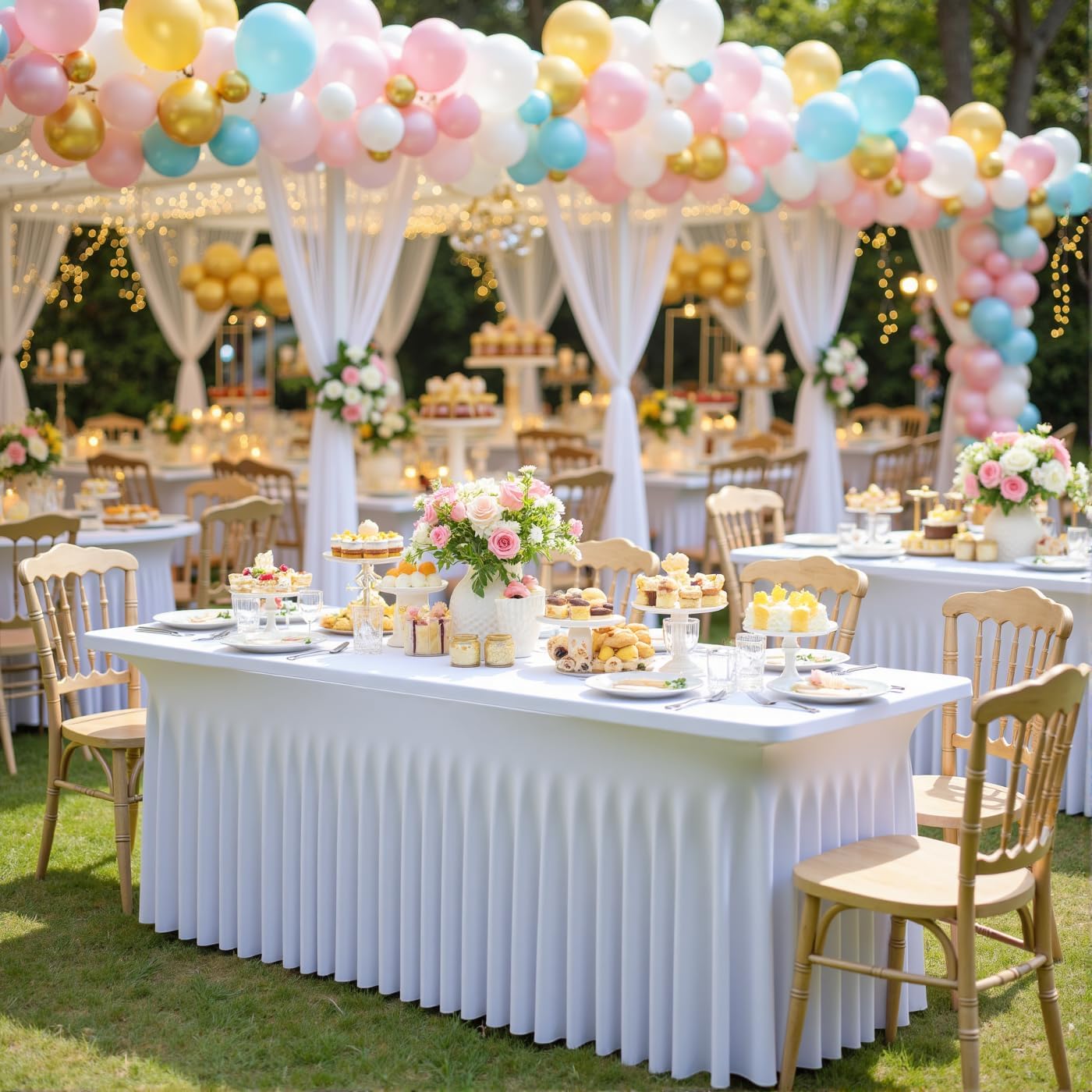 Outpain White Spandex Table Clothes for 5 Foot Rectangle Tables-2Pack 5FT Spandex Fitted Table Cover, Wrinkle Free Tablecloths with Skirt for Parties, Wedding, Birthday, Banquet, Festival