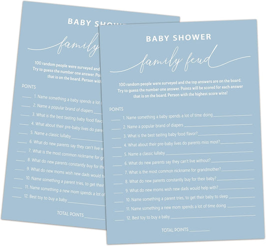 Family Feud Baby Shower Game - Pack of 30 Cards, Answer Key, Gender Neutral Decorations, Blue