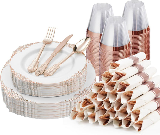 175PCS Rose Gold Plastic Plates for 25 Guests, Disposable Dinnerware Sets Include 50 Rose Gold Rim Plastic Plates, 25 Silverwares and 25 Cups, 25 Pre Rolled Napkins for Party, Graduation