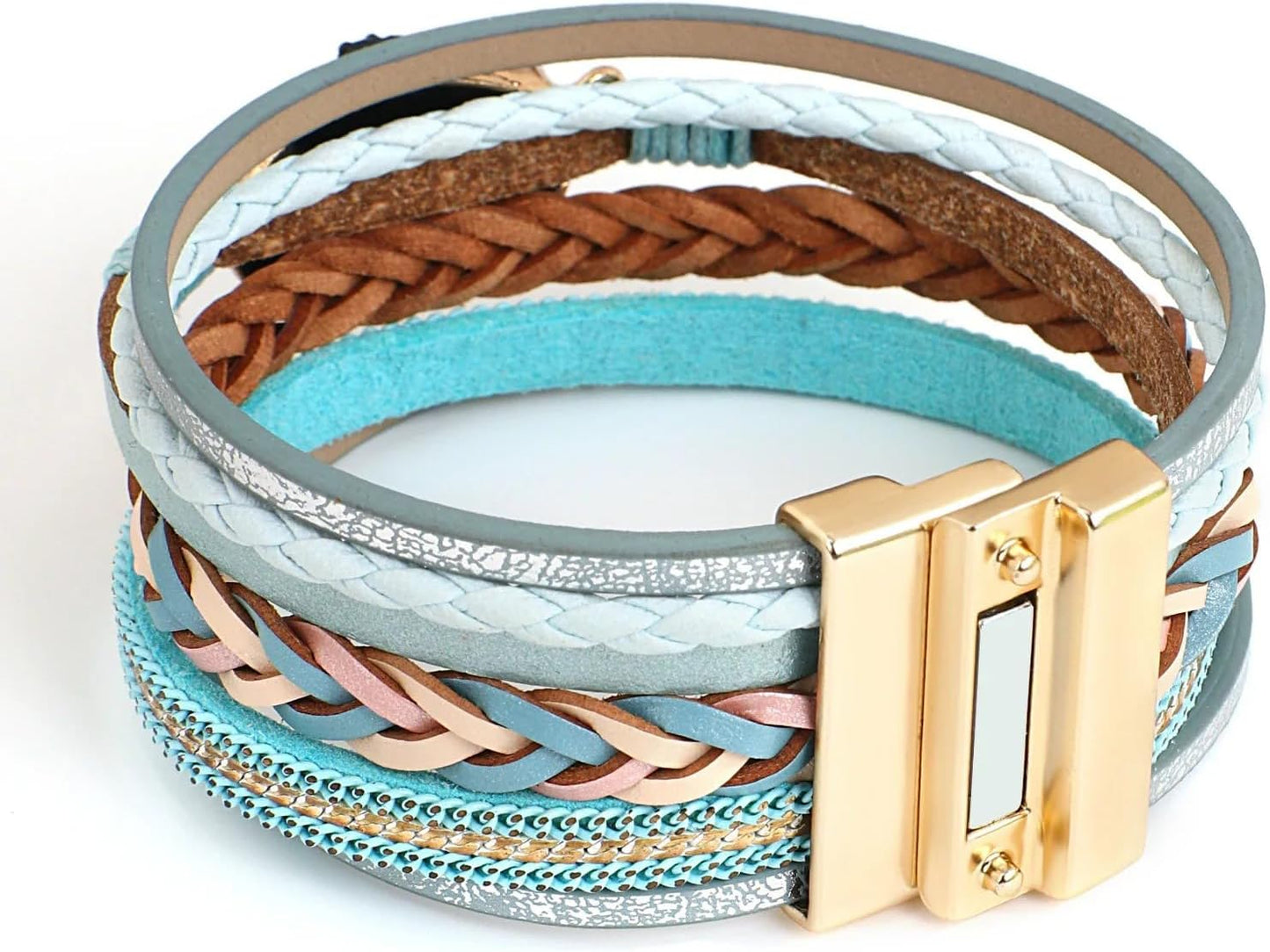 Fesciory Leopard Bracelet for Women, Boho Leather Wrap Multi-Layer Pearl Crystal Bracelet Bangle Jewelry