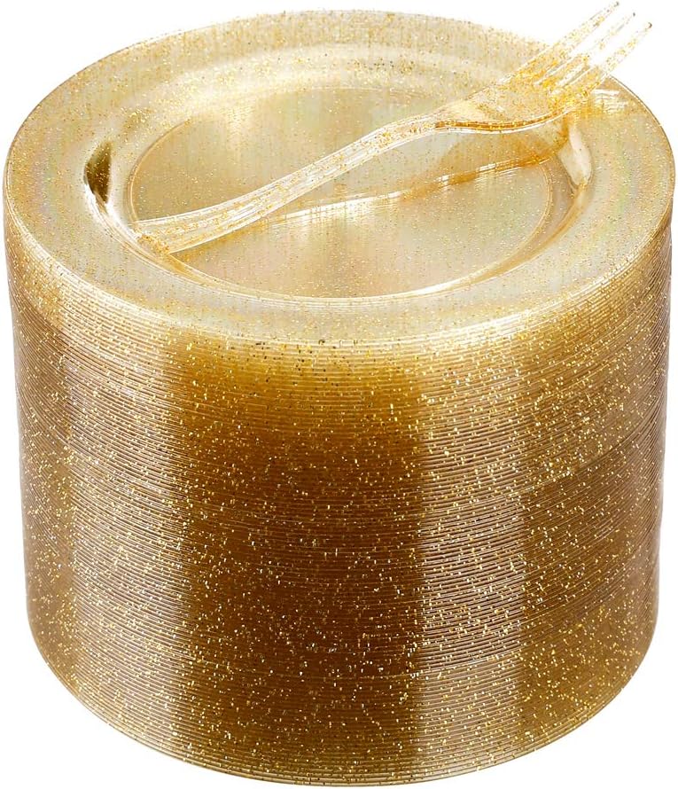 WELLIFE 120 Guests Gold Glitter Plastic Plates and Dessert Forks, 6.5 inch Disposable Dessert Plates, Durable Plastic Small Forks, Perfect for Catering, Parties &Weddings, regular
