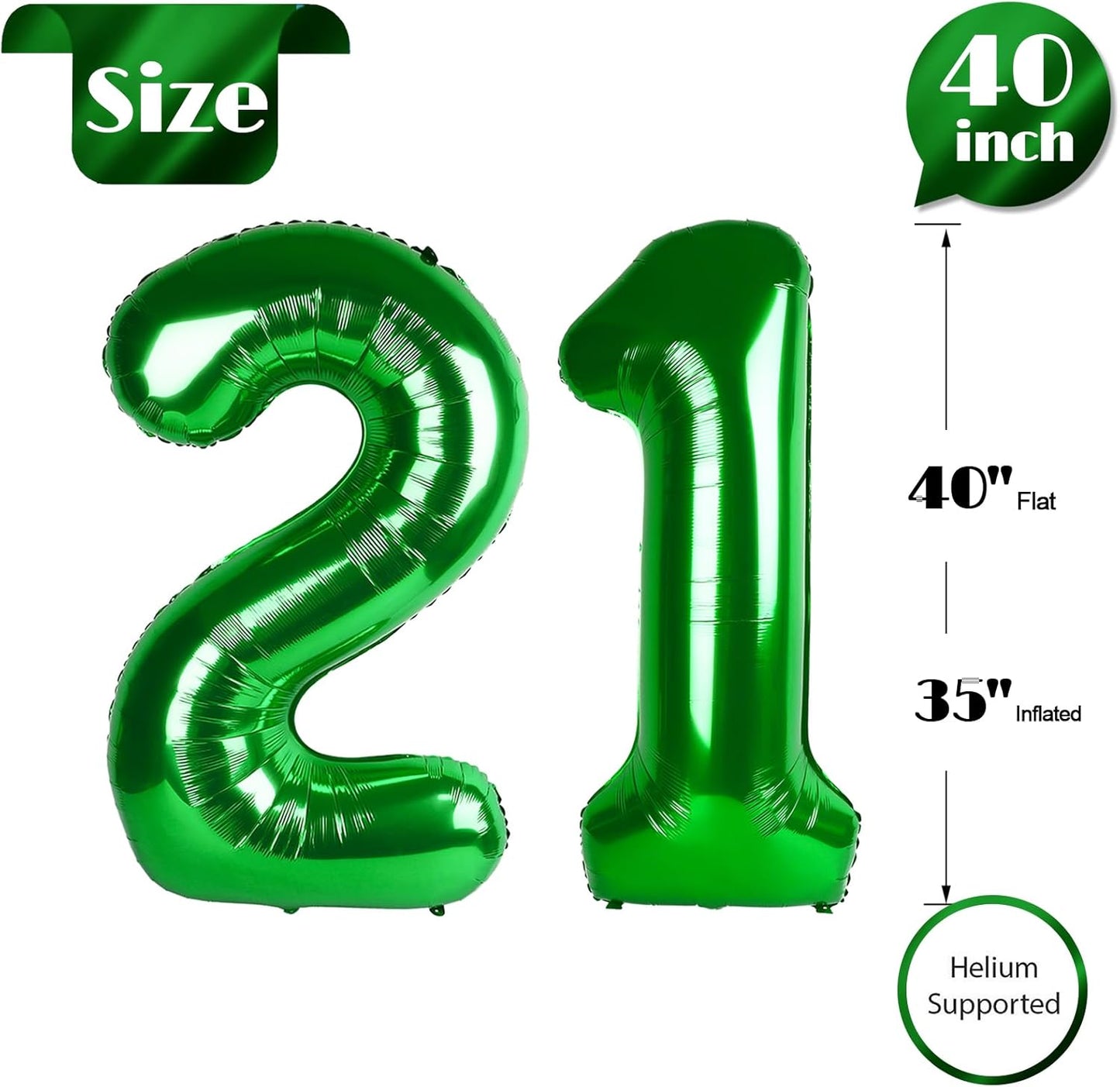 Green Number 21 Balloon 40 inch, 21 Number Balloons, 21st Green Birthday Decorations, 21 Year Old Women Men Party Supplies, St. Patrick's Day Games Theme Birthday Decorations