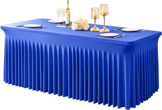 1 Pack Royal Blue Table Clothes for 8 Foot Rectangle Tables, One-Piece Wrinkle Resistant Stretch Spandex Table Covers with Skirt for Event Banquet Wedding Birthday Party