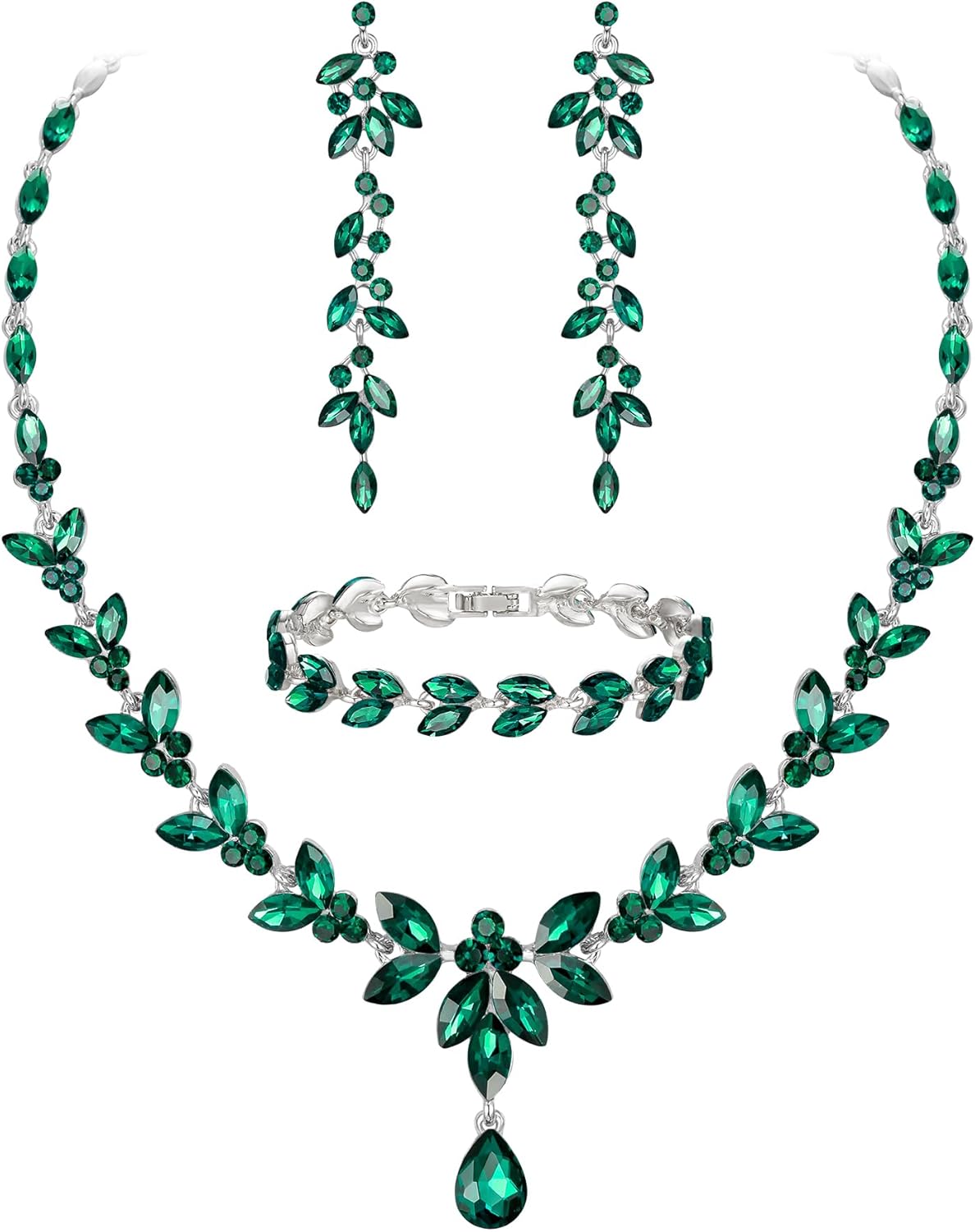 EVER FAITH Austrian Crystal Bridal Bridesmaid Jewelry Sets, Elegant Marquise Rhinestone Leaf Necklace Dangle Earrings Tennis Bracelet Set for Women
