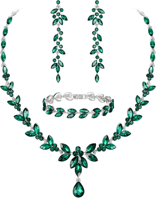 EVER FAITH Austrian Crystal Bridal Bridesmaid Jewelry Sets, Elegant Marquise Rhinestone Leaf Necklace Dangle Earrings Tennis Bracelet Set for Women