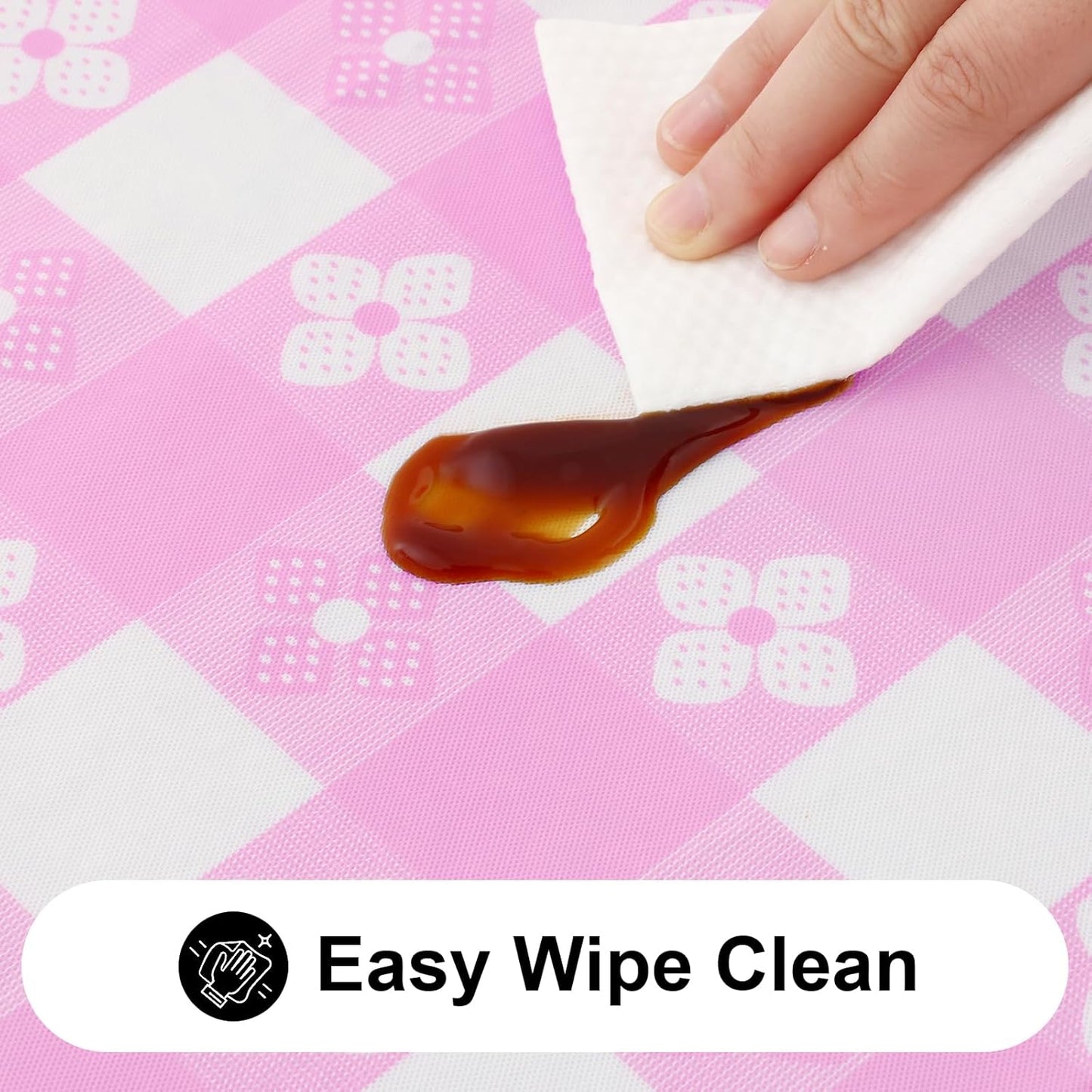 Rectangle Vinyl Table Cloth, Waterproof Elastic Fitted Tablecloth with Flannel Backing, Plastic Table Cover for Picnic, Camping, Outdoor (White & Pink, 30"x72")