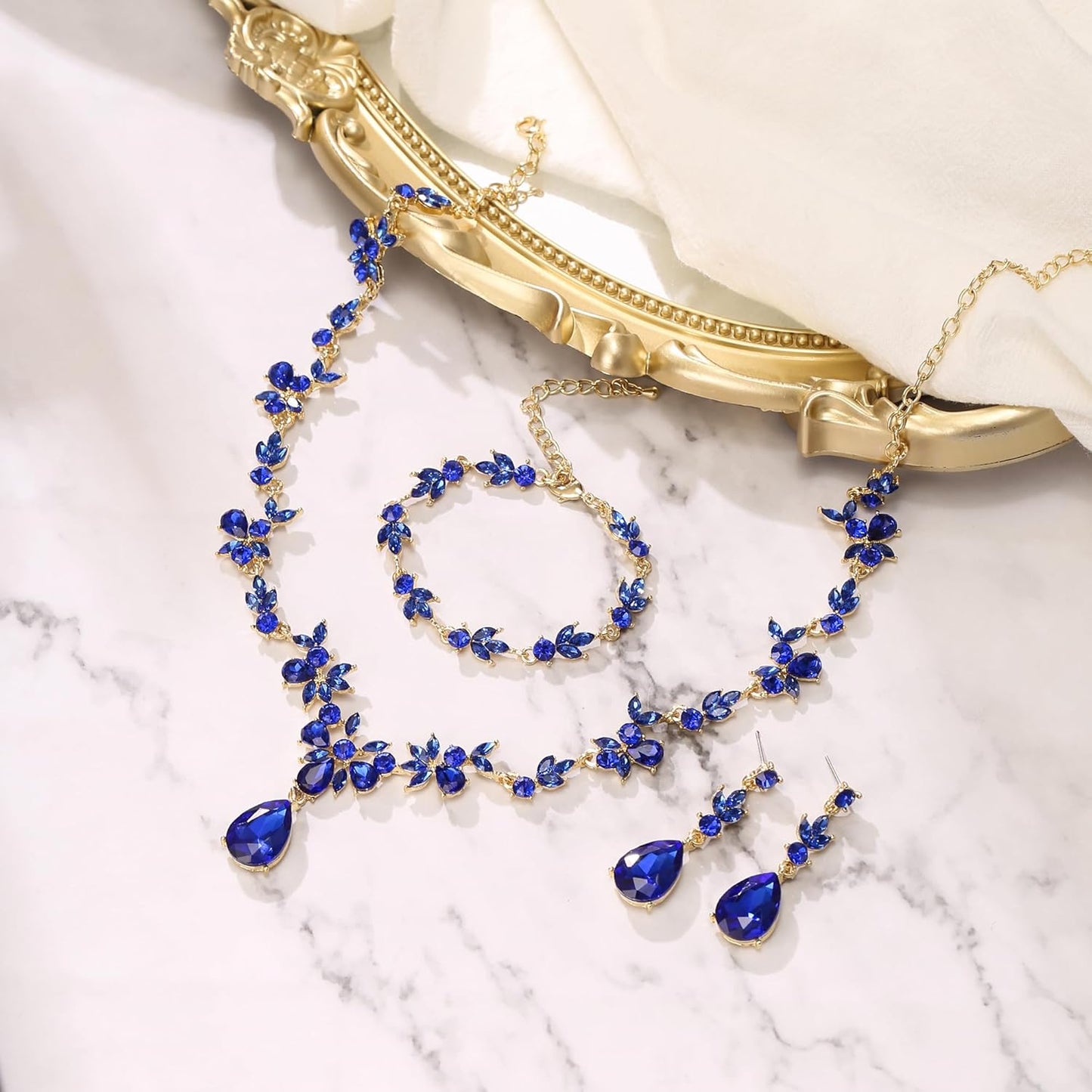 BriLove Wedding Jewelry Set for Women Bride, Y-Necklace Tennis Bracelet Dangle Earrings Crystal Teardrop Marquise Cluster for Bridal Bridesmaid