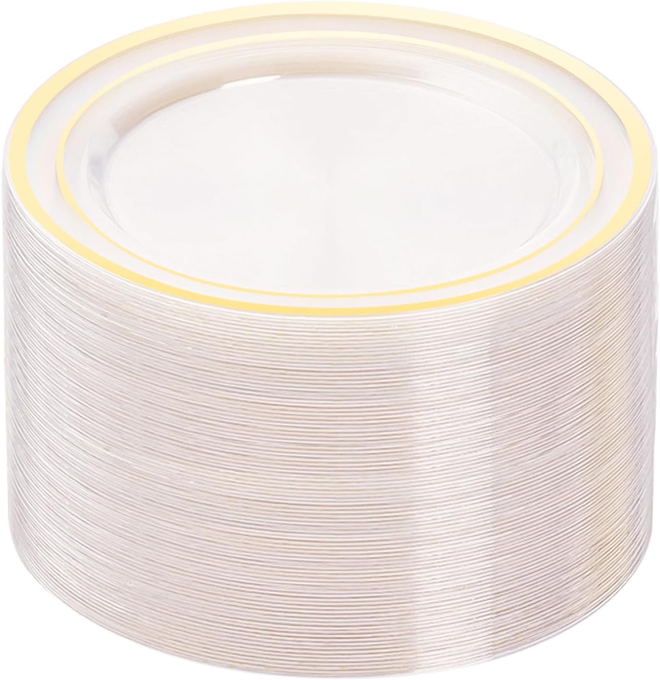 BESTVIP 100PCS Clear Plastic Plates, 10.25 Inch Disposable Dinner Plate Party with Gold Rim, Heavy Duty Disposable Plastic Plates for Party, Wedding and Birthday, Christmas, Thanksgiving