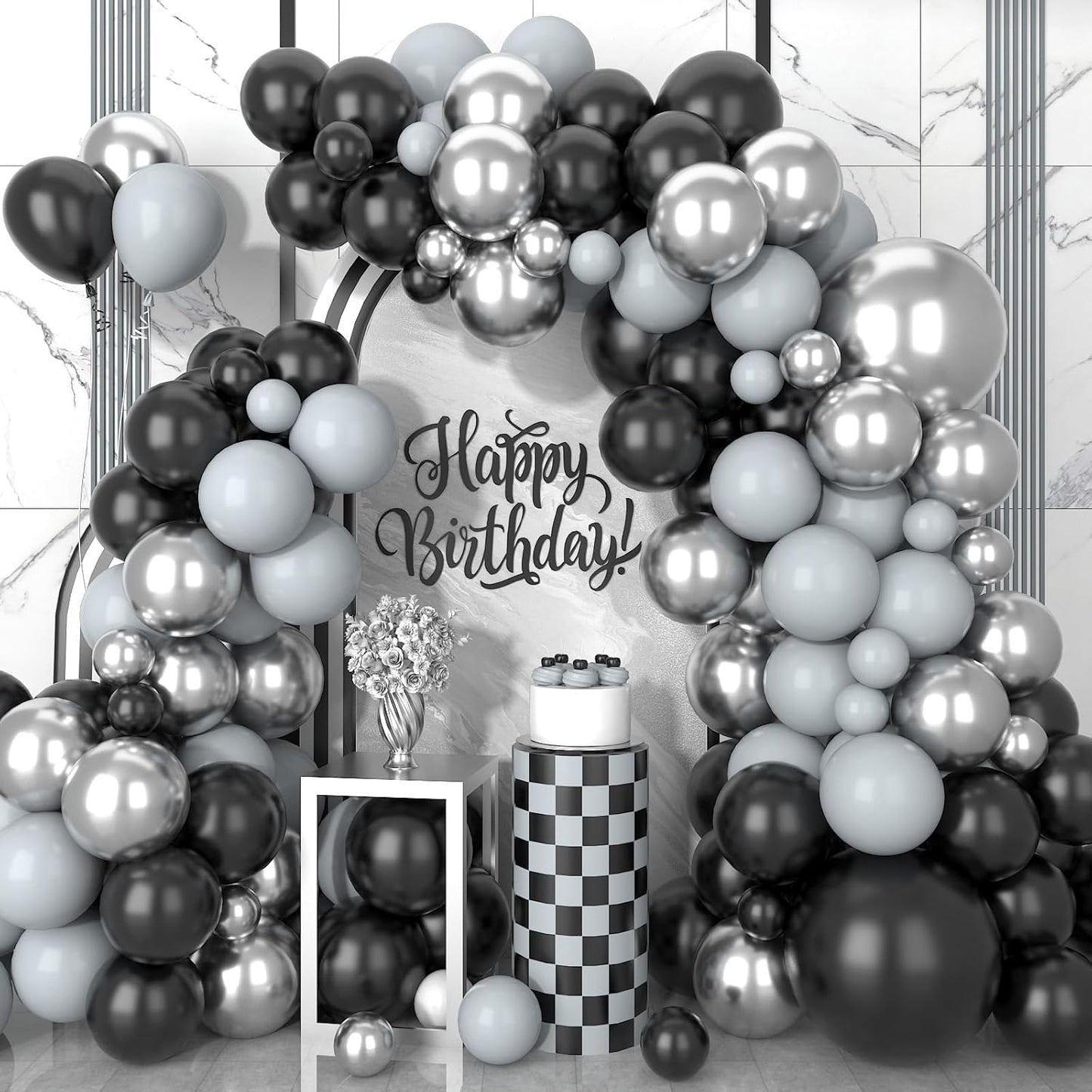 Black and Silver Balloon Arch Kit, 102Pcs Metallic Silver and Black Balloon Garland Kit Gray Party Balloons Grey Latex Balloons for Birthday Party Baby Shower Wedding Bridal Shower