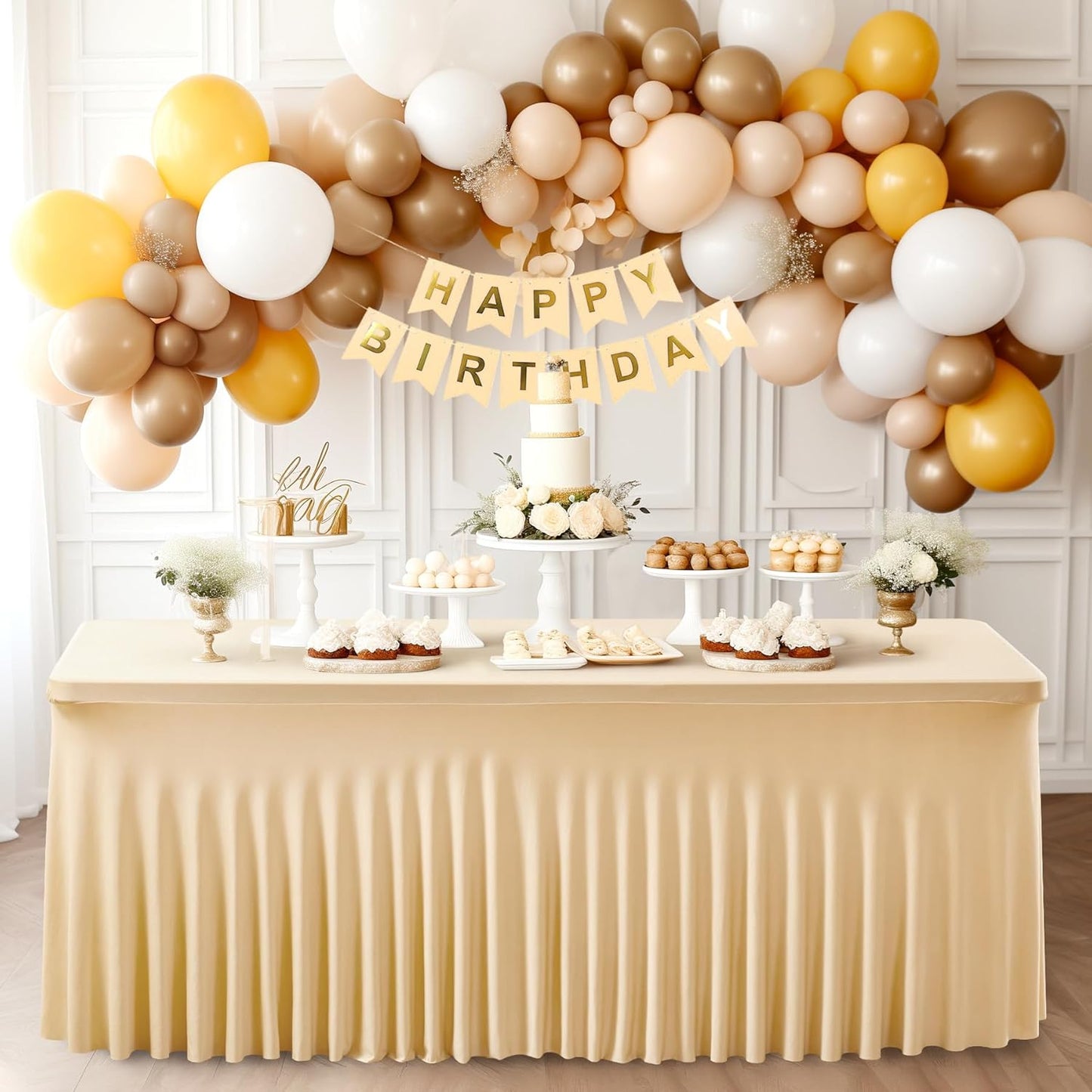 2 Packs Dark Champagne Table Clothes for 4 Foot Rectangle Tables, One-Piece Wrinkle Resistant Stretch Spandex Table Covers with Skirt for Event Banquet Wedding Birthday Party