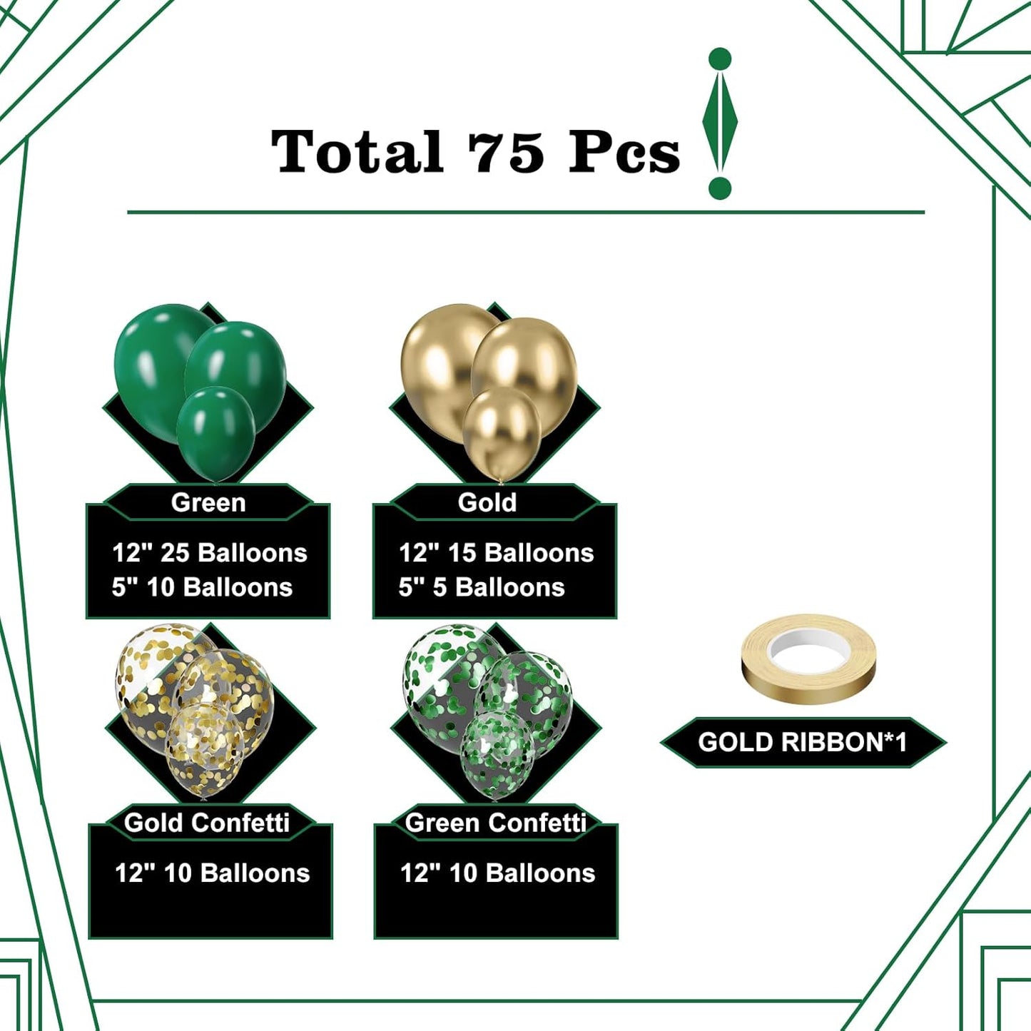 Green and Gold Balloons, 75PCS Dark Green and Metallic Gold Balloons of 12in and 5in Green Gold Party Decorations for Birthday,St.Patrick's Day,Graduation,Jungle Party