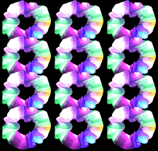 12PCS LED Hair Scrunchies Light Up White Scrunchies,Satin Ponytail Holder Glow in the Dark Hair Accessories Neon Rave Party Supplies