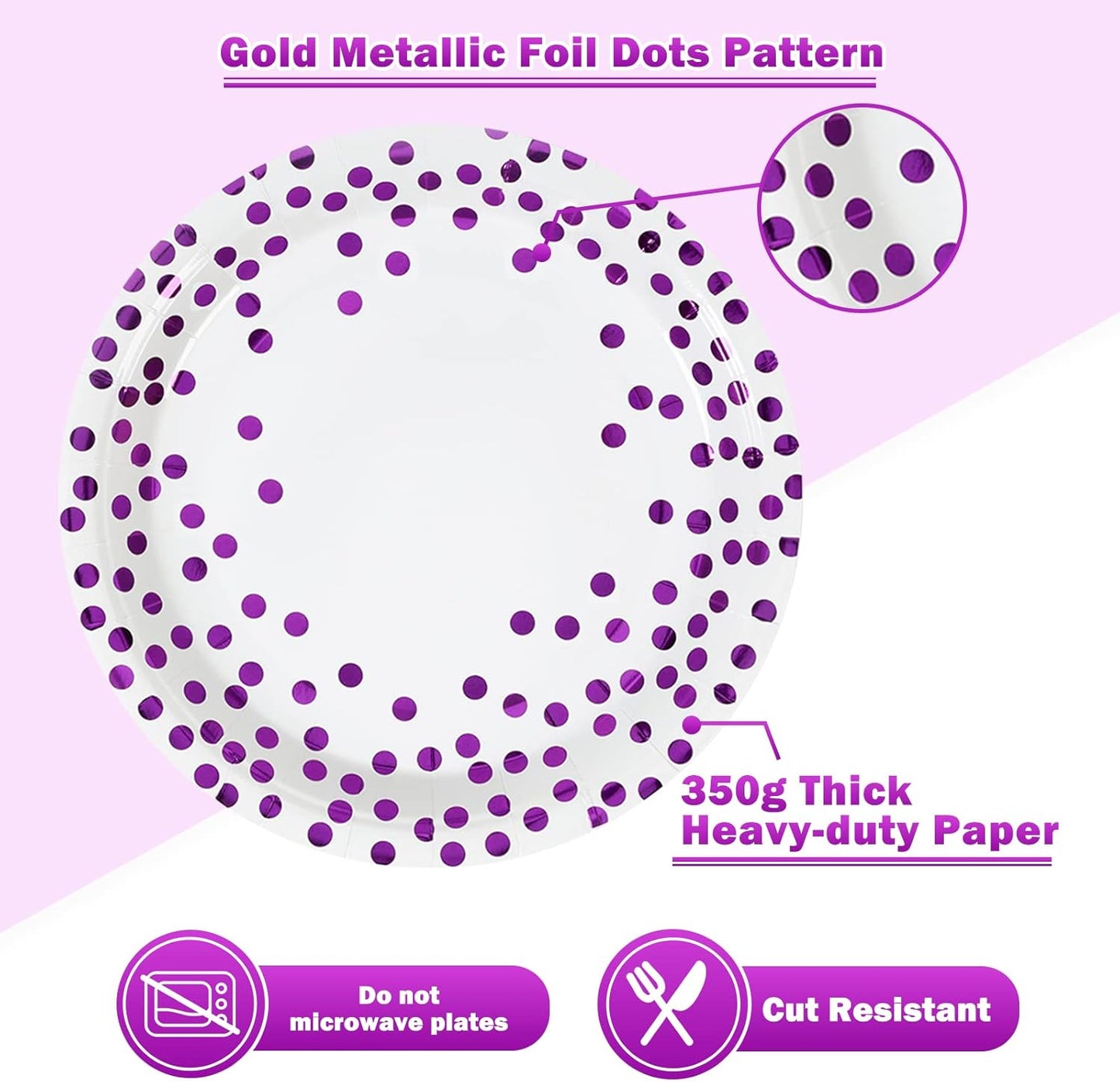 White and Purple Gold Paper Plates- 100 Pack- 50 x 7" Paper Plates & 50 x 6.5" Napkins, Purple Plate and Napkins Party Supplies for Birthdays Receptions and All Occasions