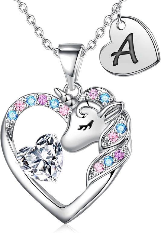 Christmas Gifts for Grandkids Kids - Colorful CZ Heart Initial Unicorn Necklace for Girls Jewelry Unicorn Birthday Gifts for Girls Stocking Stuffers for Kids