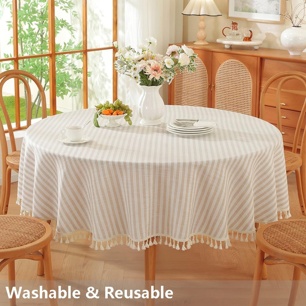 TruDelve Small Round Table Cloth 60 Inch Beige Striped Cloth Tablecloth Boho Fall Round Tablecloths for Outdoor Table Cover (Beige,60",Round)