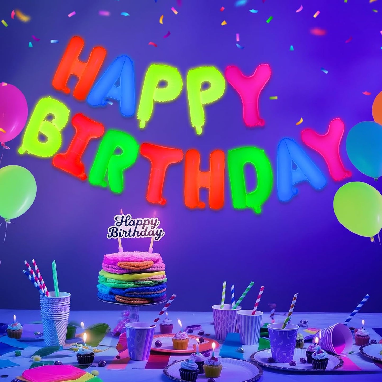 Mega-L Glow in The Dark Party Supplies, 16 Inch Fluorescent Happy Birthday Balloons,Black Light Happy Birthday Sign Photo Booth Props Primary Color Birthday Party Decor for Neon Party