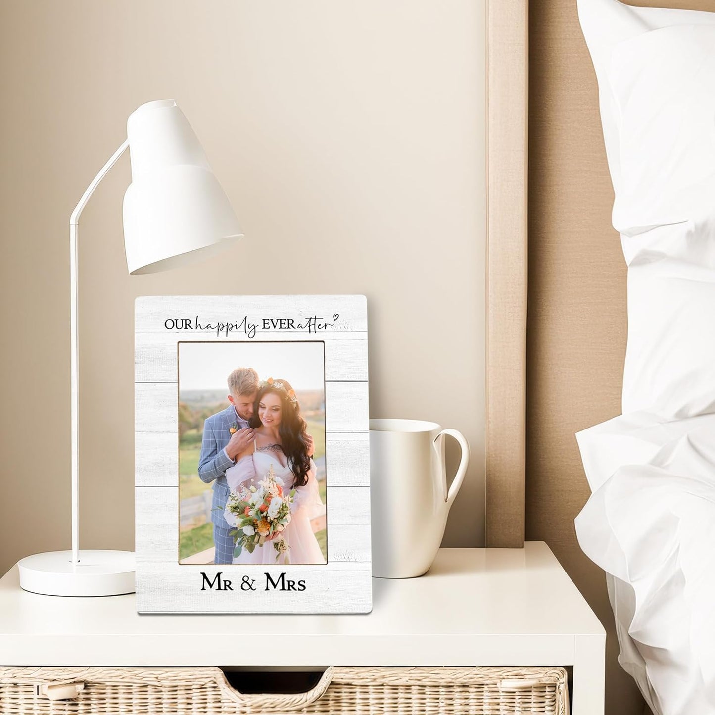 Wedding Picture Frame, Wedding Gifts for Couples, Our Happily Ever After Mr And Mrs Photo Frame 4X6, Bridal Proposal Gifts Engaged Engagement Wooden Photo Picture Frames for Desk Tabletop Decor