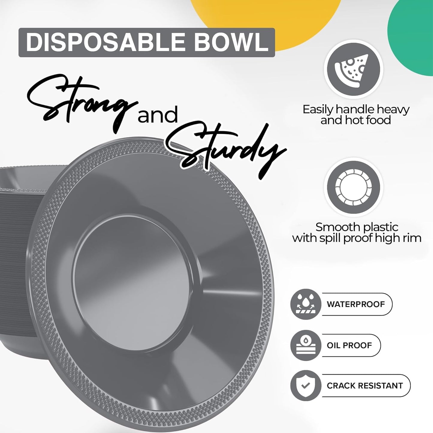 Exquisite Party Solids 12 Oz Silver Plastic Bowls Disposable Bowls for Hot Food Soup 100 Pcs - For Soup, Salad, Cereal, Desserts & Party Supplies