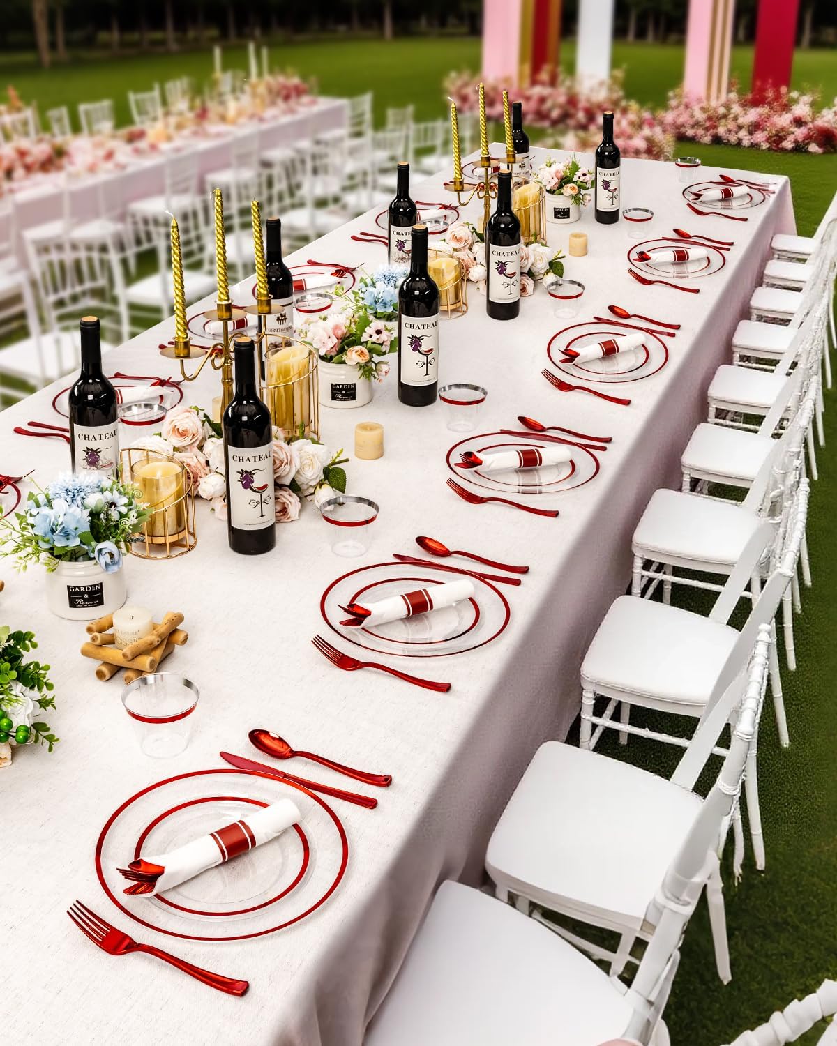 175PCS Plastic Plates for Party, Disposable Clear Red Dinnerware Sets Suitable for 25 Guests,50 Plastic Plates, 25 Cups, 25 Pre-Rolled Napkins with Cutlery for Party, Thanksgiving, Christmas, Wedding