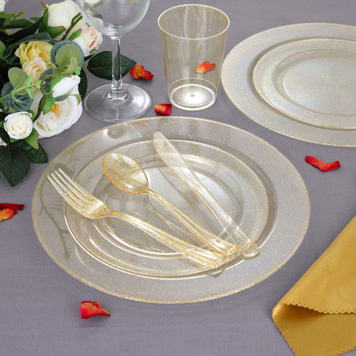 WELLIFE 300PCS Gold Glitter Plastic Plates, Gold Plastic Dinnerware Includes: 50 Dinner and 50 Dessert Plates, 150 Cutlery, 50 Cups for Party