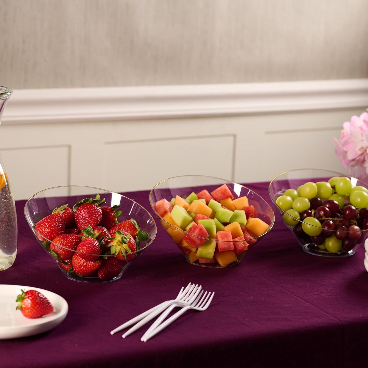 PLASTICPRO Angled Plastic Bowls Disposable Medium Plastic Clear Serving Bowls with Gold Rim for Party for Appetizer Salads Pack of 4