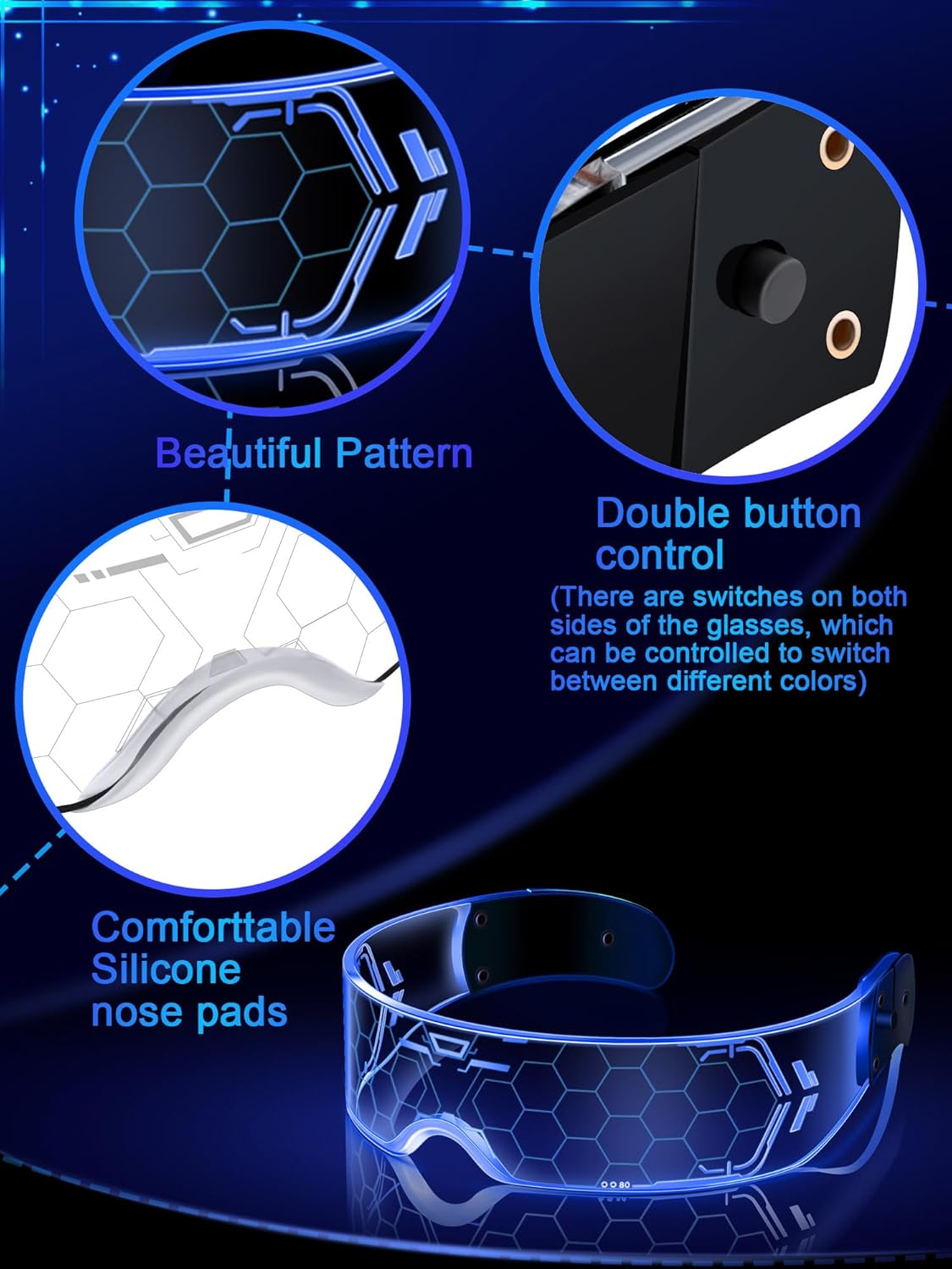 TOODOO 4 Pairs LED Visor Glasses Light up Glasses Futuristic Luminous Rave Glasses 7 Colors 4 Modes for Club Christmas Party