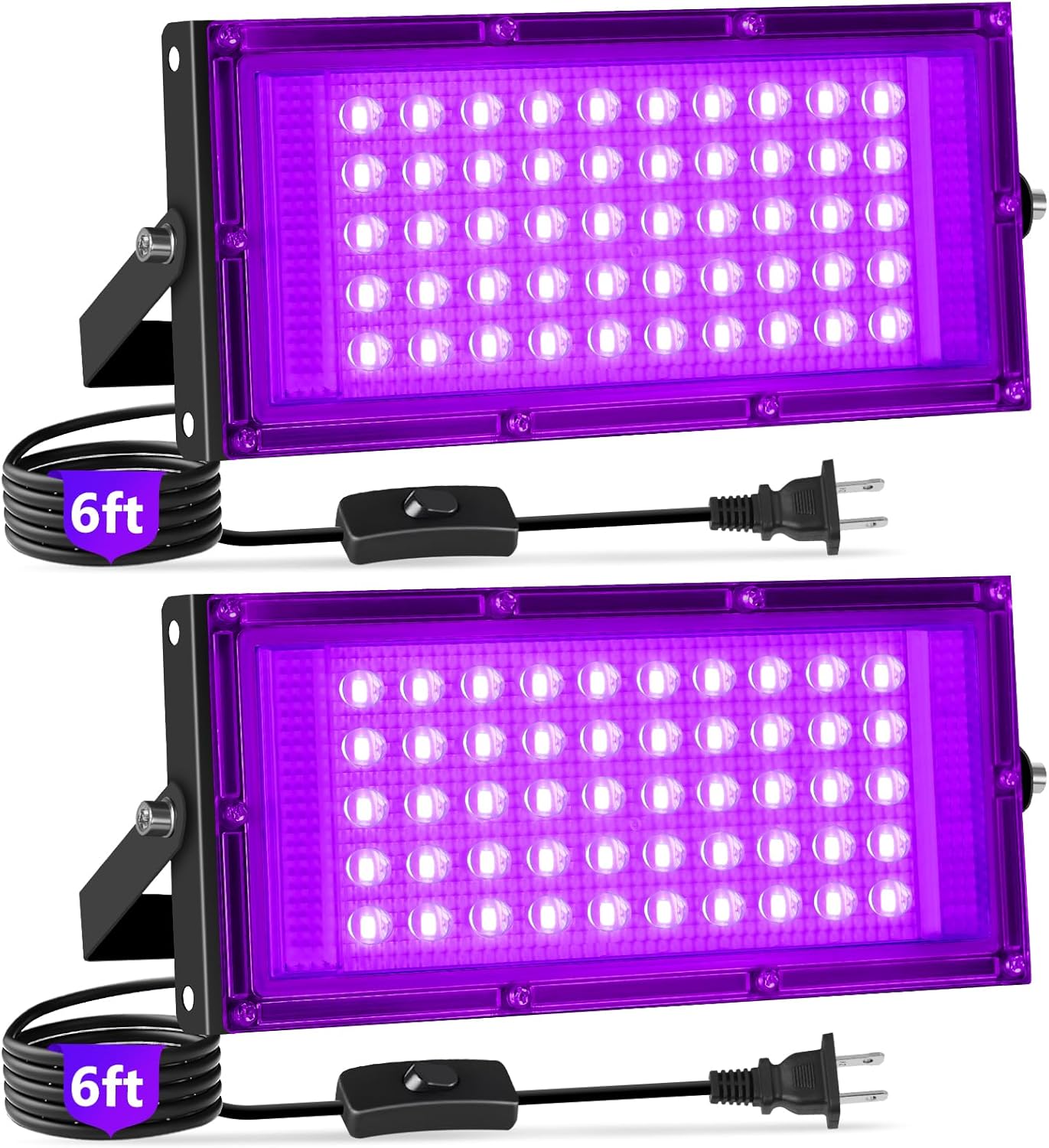 50W Black Lights with Switch+Plug, IP66 Waterproof, LED Blacklight Flood Light for Glow Party, Halloween, Bedroom, Fluorescent Poster, Body Paint, 2 Pack