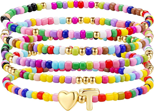 M MOOHAM Stocking Stuffers for Kids Girls Teen - 5PCS Colorful Beaded Initial Bracelets for Women Girls, Cute Stretch Heart Letter Bohemian Stackable Bracelet Birthday Gifts Jewelry for Kids Teen Girl