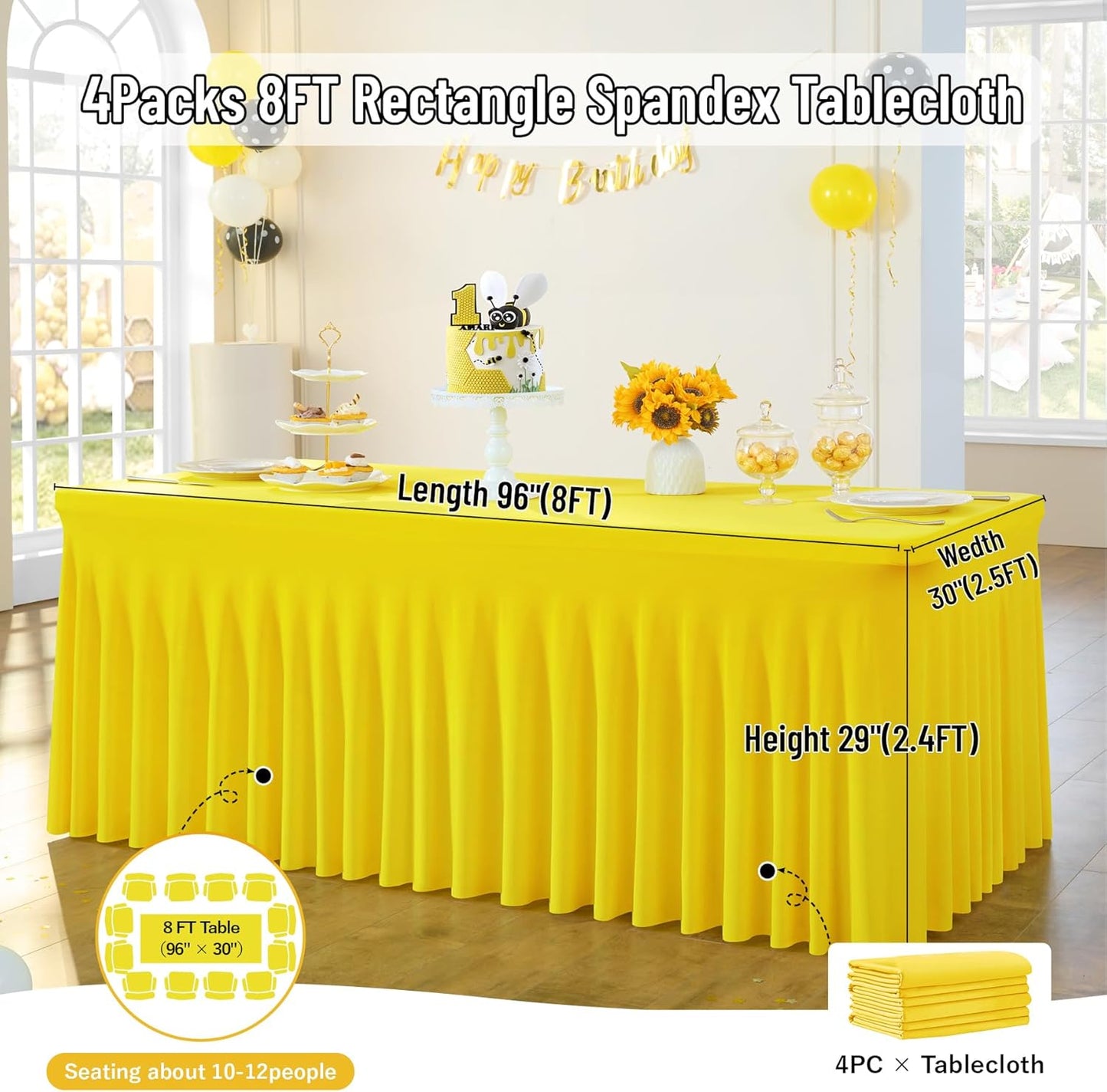 leegleri 4 Pack Yellow Spandex Fitted Table Clothes for 8 Foot Rectangle Tables, Wrinkle Free 8ft Spandex Table Cover, Spandex Table Skirt for 8FT Rectangle Tables-for Banquet Weddings Parties