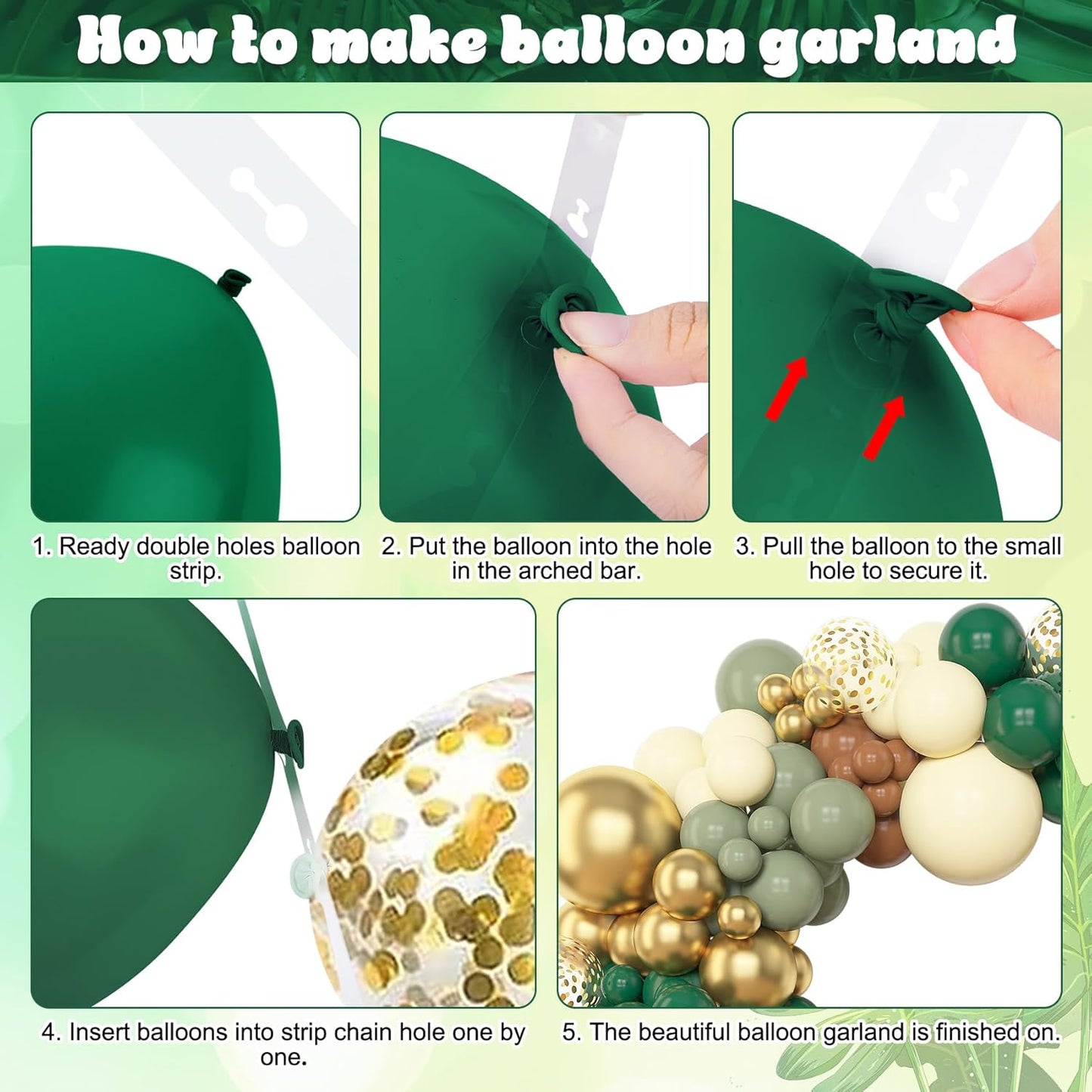 Amandir 153pcs Green Brown Balloon Garland Arch Kit, Different Sizes 18 12 10 5 inch Sage Green Ivory Gold Latex Metallic Confetti Balloon for Safari Jungle Wild One Woodland Tropical Party Decoration